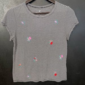 American Eagle Soft & Sexy Striped T-Shirt with Flower Embroidery